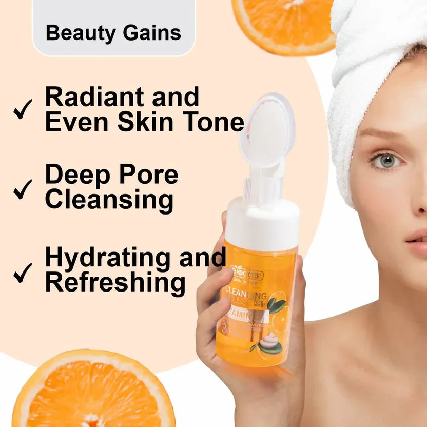 Vitamin C Face Wash Mousse With Brush Brightening & Hydrating Cleanser With Aloe Vera & Vitamin B5 Gentle Foaming Wash