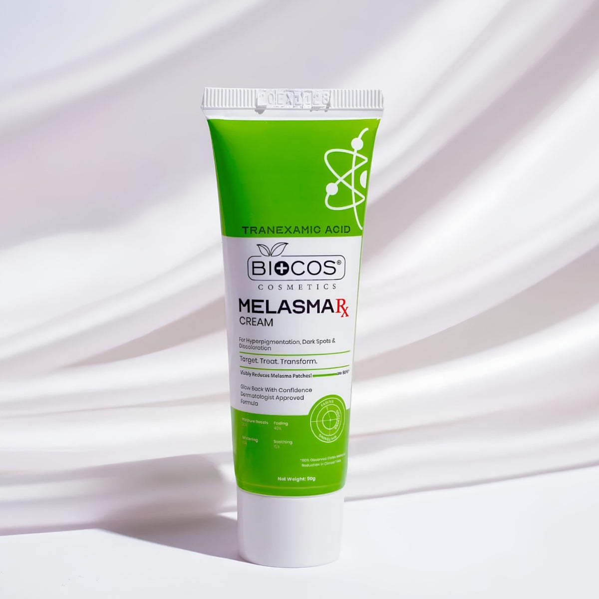 BIOCOS Cosmetics Melasmar Rx Tranexamic Acid Cream in a green and white squeeze tube, standing upright on a white surface with soft, draped shadows.