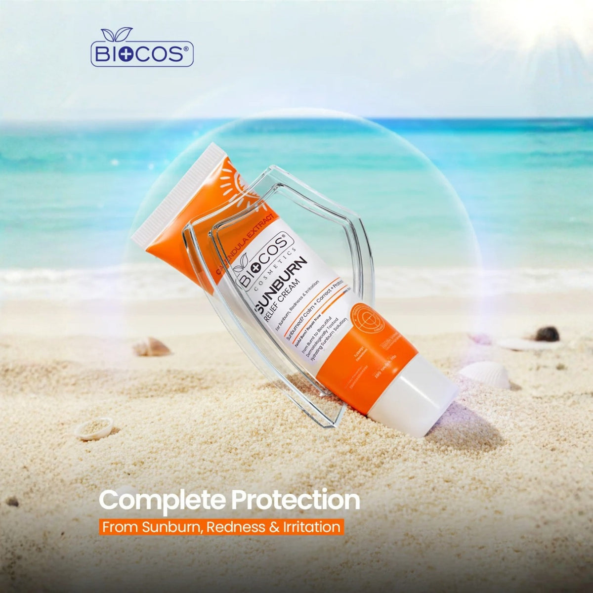 Biocos Sunburn Relief Cream 50g tube and packaging