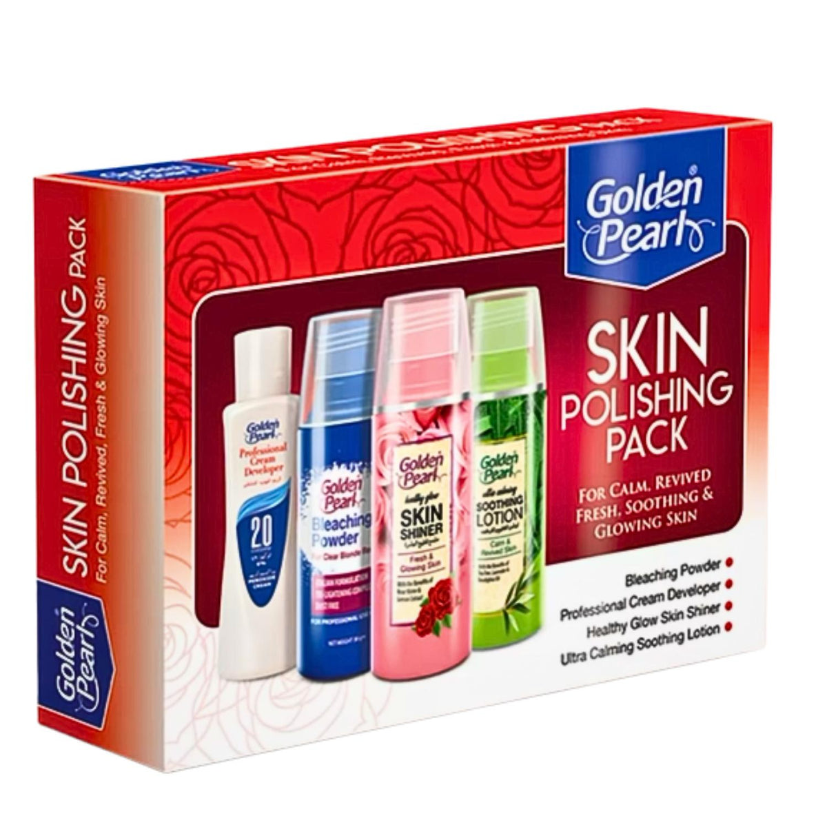 Golden Pearl Skin Polishing Pack box showing four skincare products