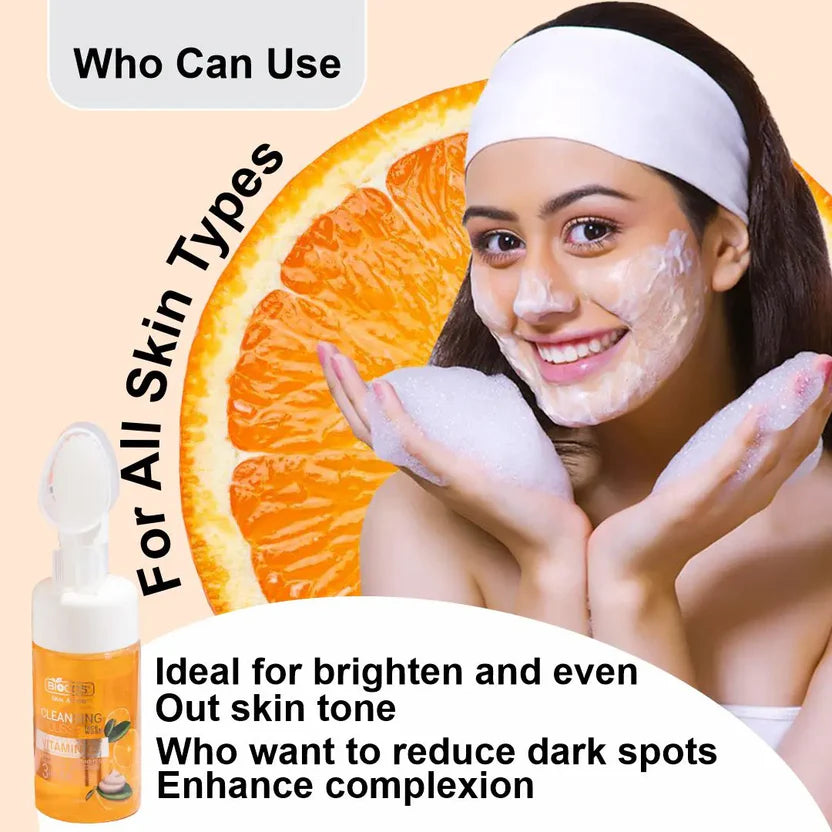 Vitamin C Face Wash Mousse With Brush Brightening & Hydrating Cleanser With Aloe Vera & Vitamin B5 Gentle Foaming Wash