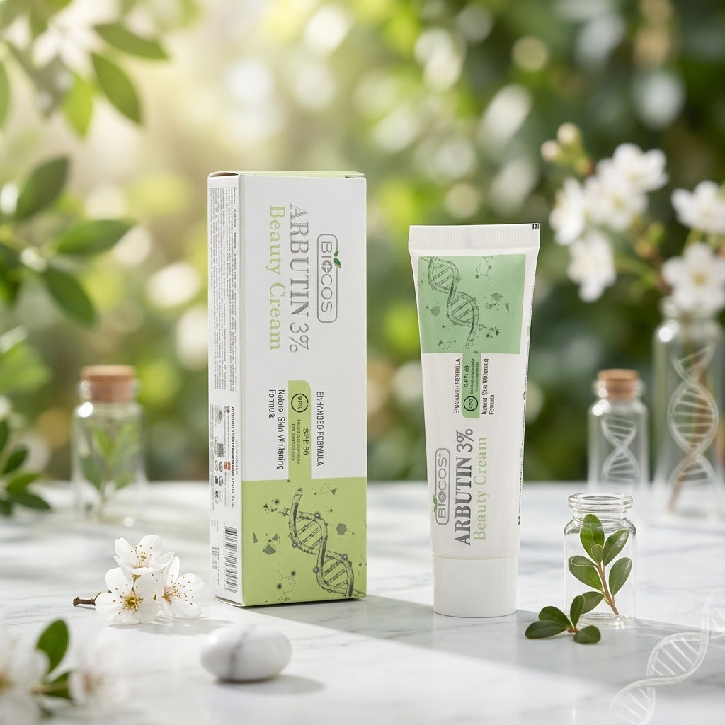 A tube and box of Eicoss Arbutin 3% Beauty Cream are displayed on a marble surface with decorative white flowers, small glass vials, and green leaves in the background.