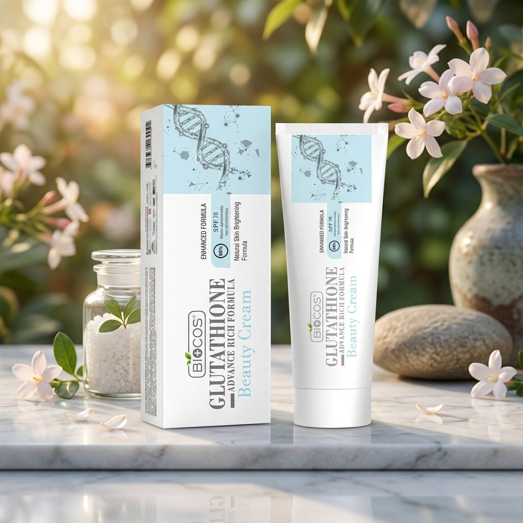 A tube and box of Elocos Glutathone Beauty Cream are displayed on a marble surface with white flowers and a blurred garden background.