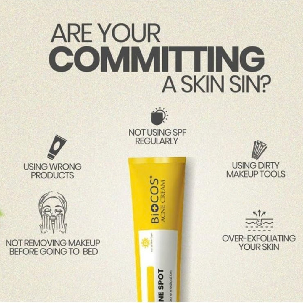 A skincare promotional graphic on a light beige background featuring a yellow and white tube of BIOCOS Ne Spot Acne Cream in the center, surrounded by black text and icons listing common skin-related mistakes such as not using SPF regularly, using wrong products, and over-exfoliating.