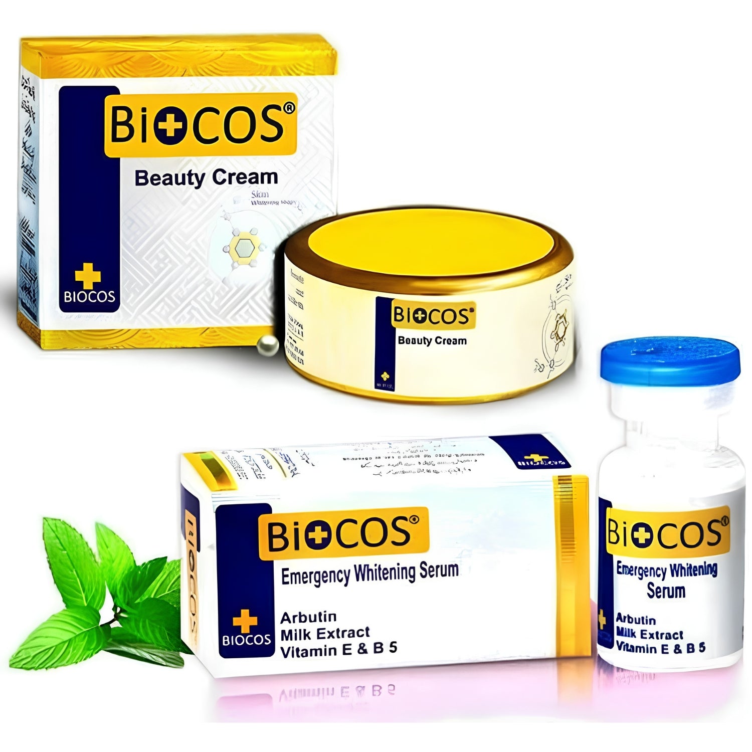 BIOCOS Beauty Cream and Emergency Whitening Serum with mint leaves