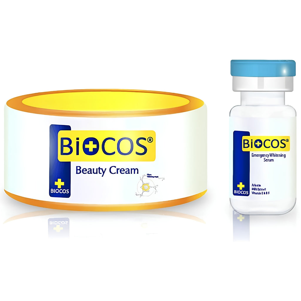BIOCOS Beauty Cream jar and Emergency Whitening Serum vial - product only view