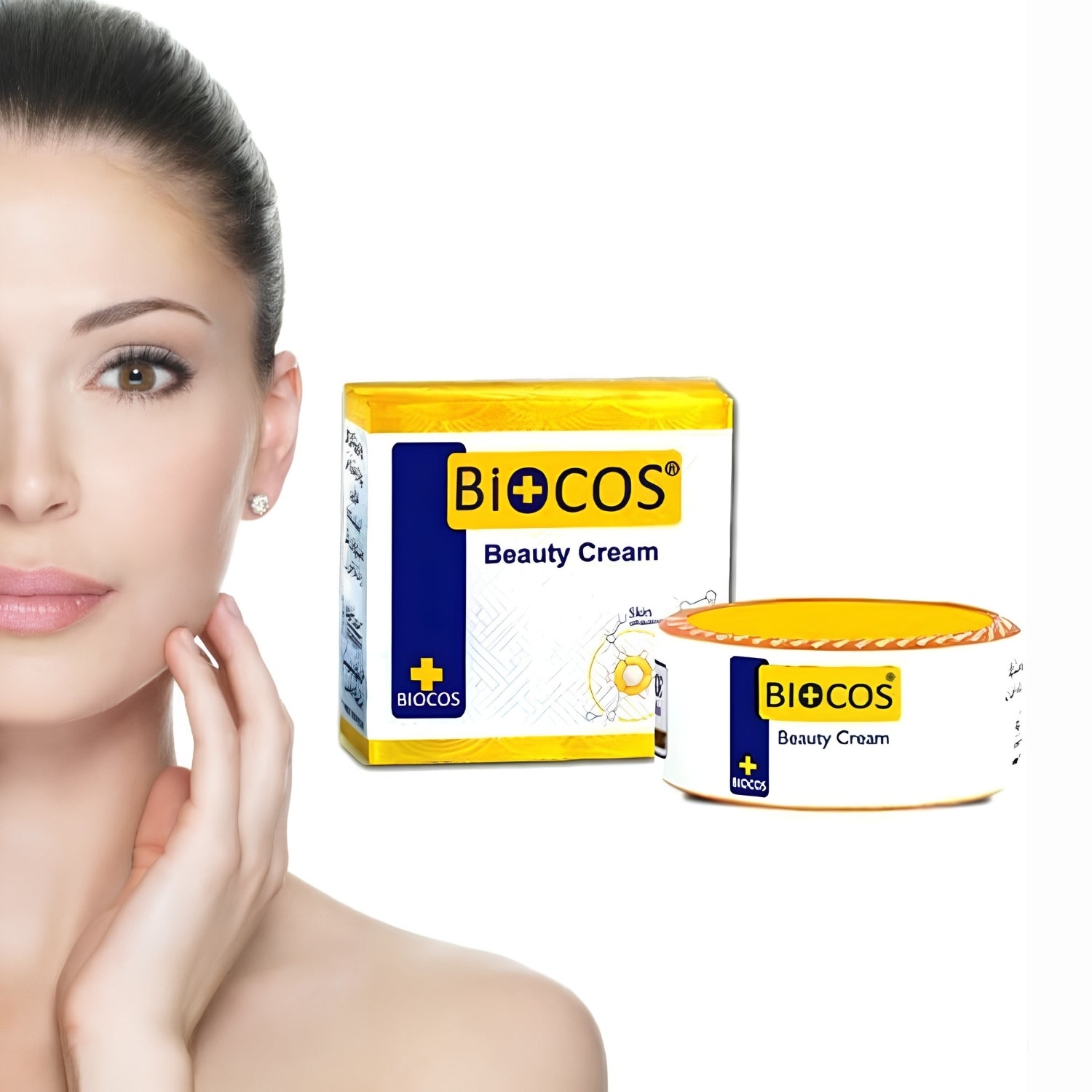 BIOCOS Beauty Cream with woman showing glowing skin result