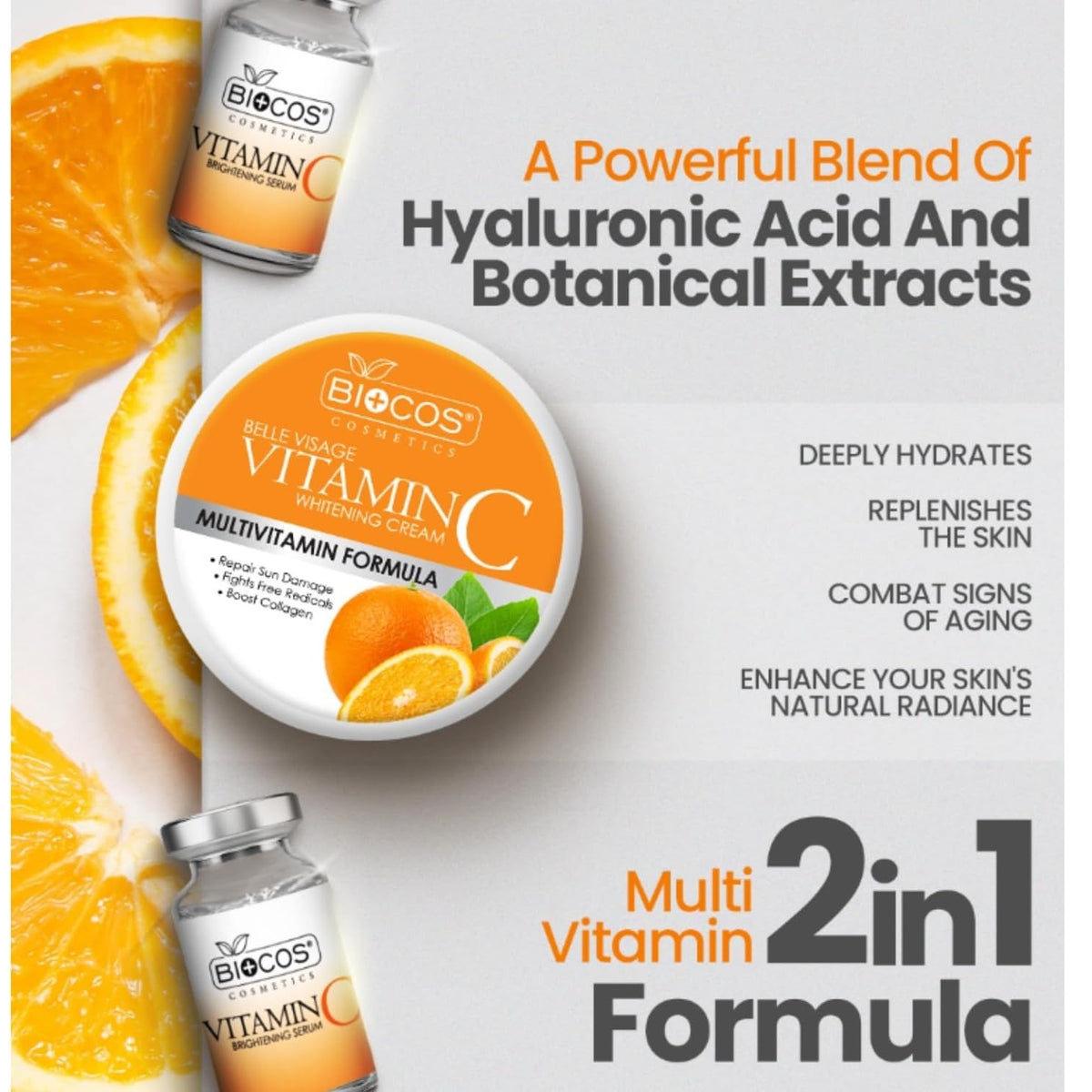 Complete Biocos Vitamin C skincare bundle with cream, serum, dark spot cream and cleansing mousse
