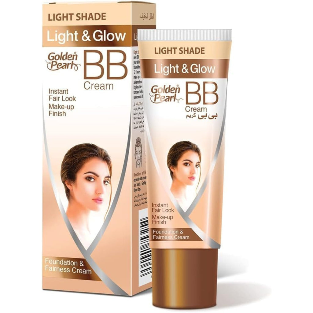 Golden Pearls Light & Glow BB Cream in Light Shade, shown as a squeeze tube next to its retail box packaging on a white background.