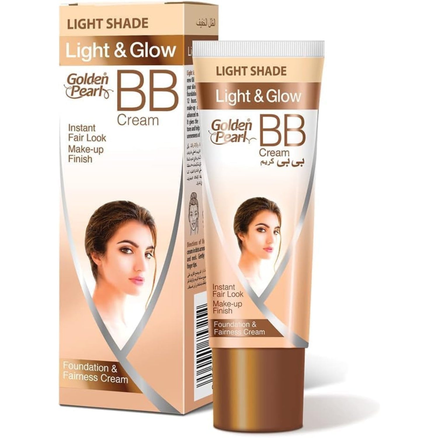 Golden Pearls Light & Glow BB Cream in Light Shade, shown as a squeeze tube next to its retail box packaging on a white background.