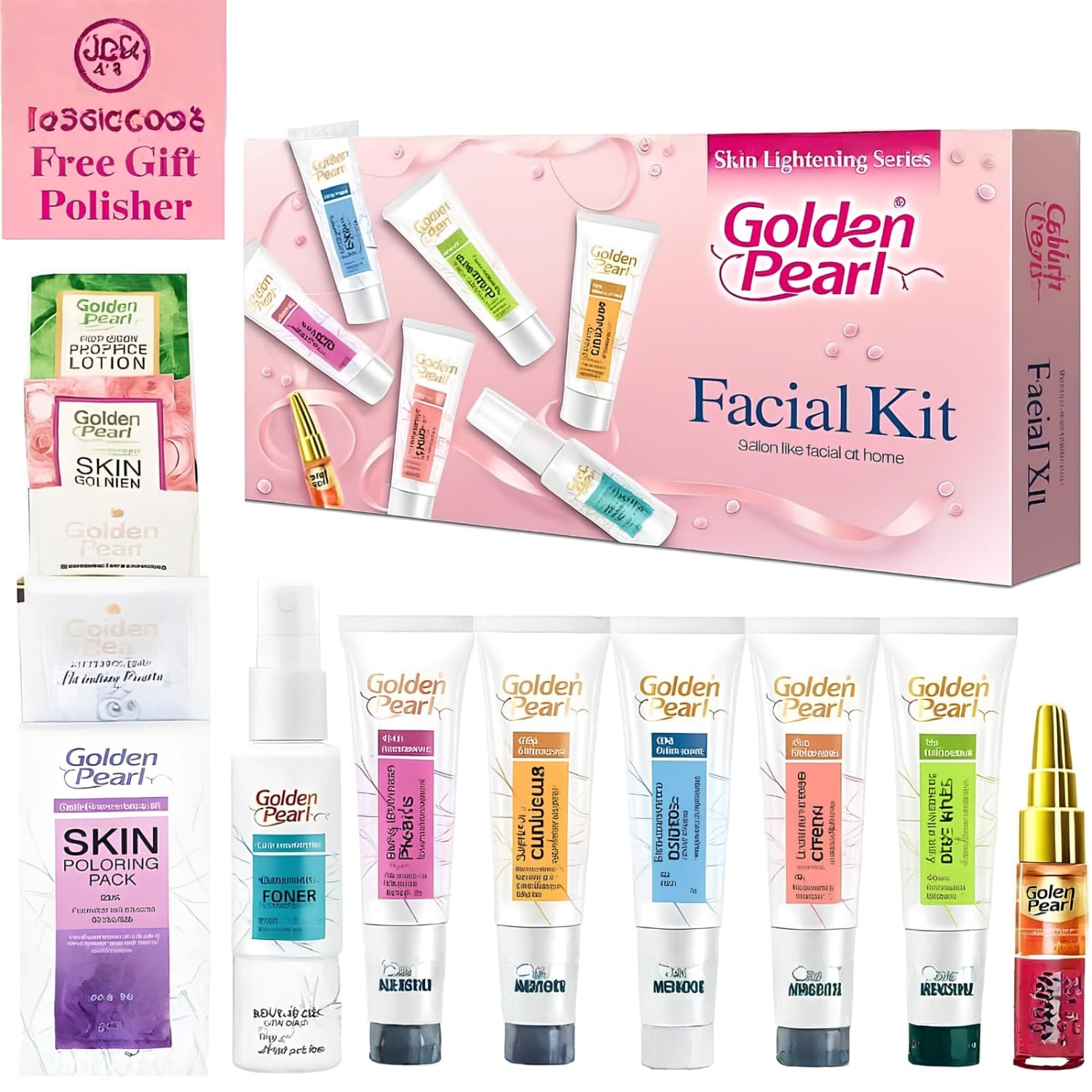 Golden Pearl Facial Kit set including a pink gift box, various facial toners, a skin lightener lotion, a skin booster, and a free gift polisher, arranged on a white background with a pink promotional banner.