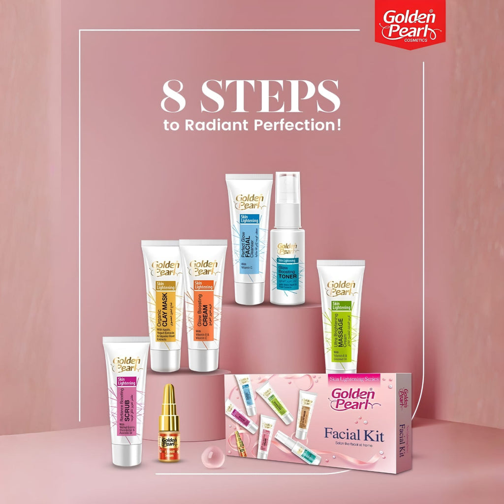 Golden Pearl Cosmetics 8 Steps to Radiant Perfection facial kit displayed on a pink background, featuring various skincare tubes, a serum bottle, a small gold rollerball, and a pink product box.