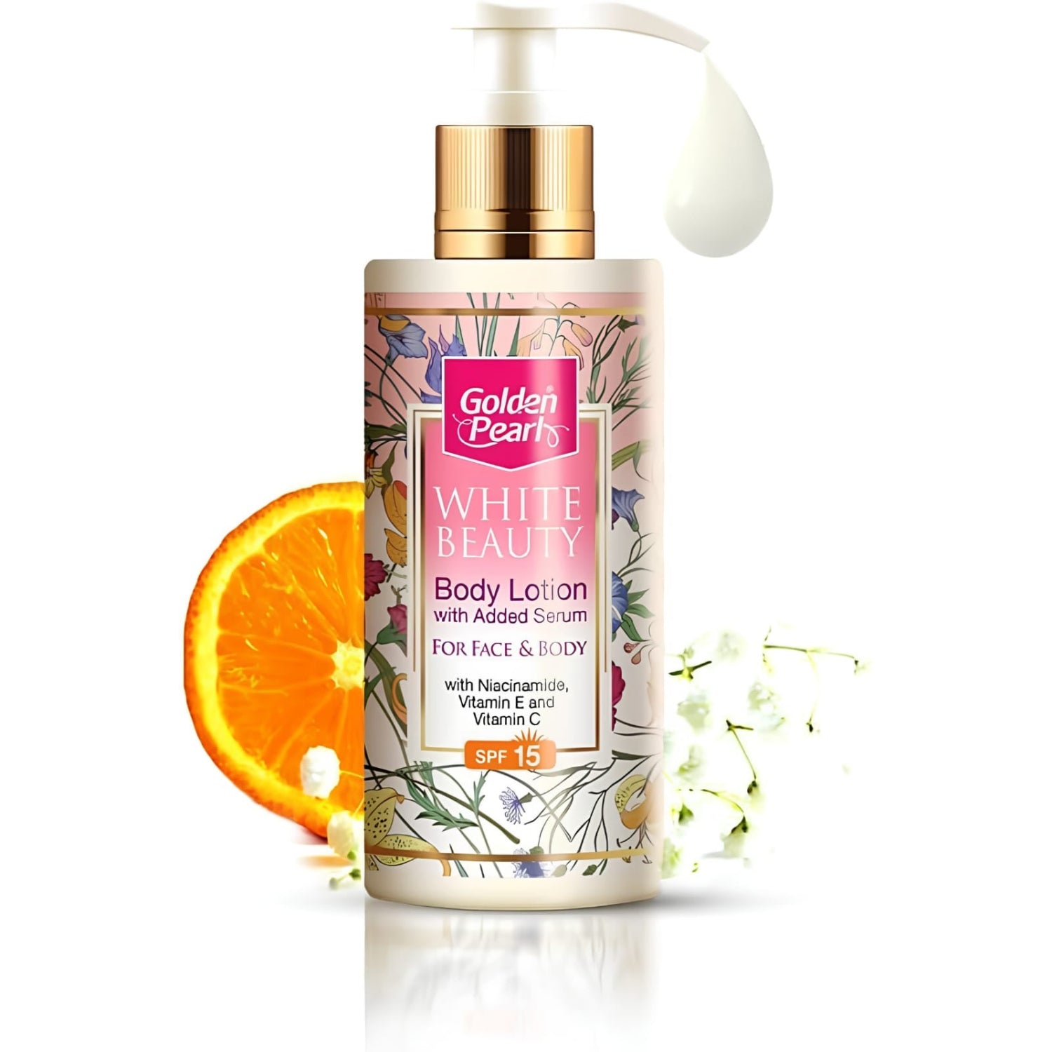 Golden Pearls White Beauty Body Lotion with Added Serum in a pump bottle with a gold cap, decorated with a pink and floral label. A sliced orange and white lily of the valley flowers are styled around the bottle on a white background.