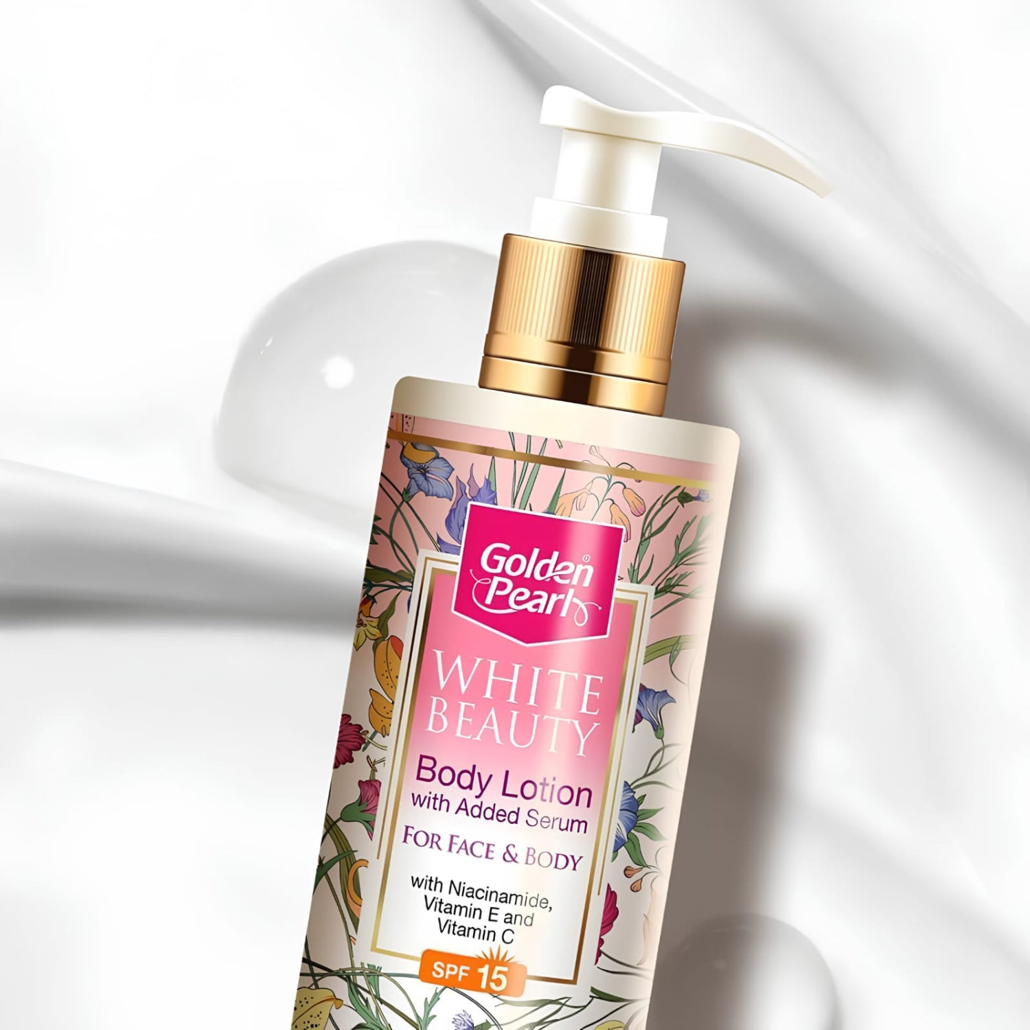 Golden Pearls White Beauty Body Lotion with Added Serum, featuring a floral label and a gold pump dispenser, set against a clean white background with soft shadows.