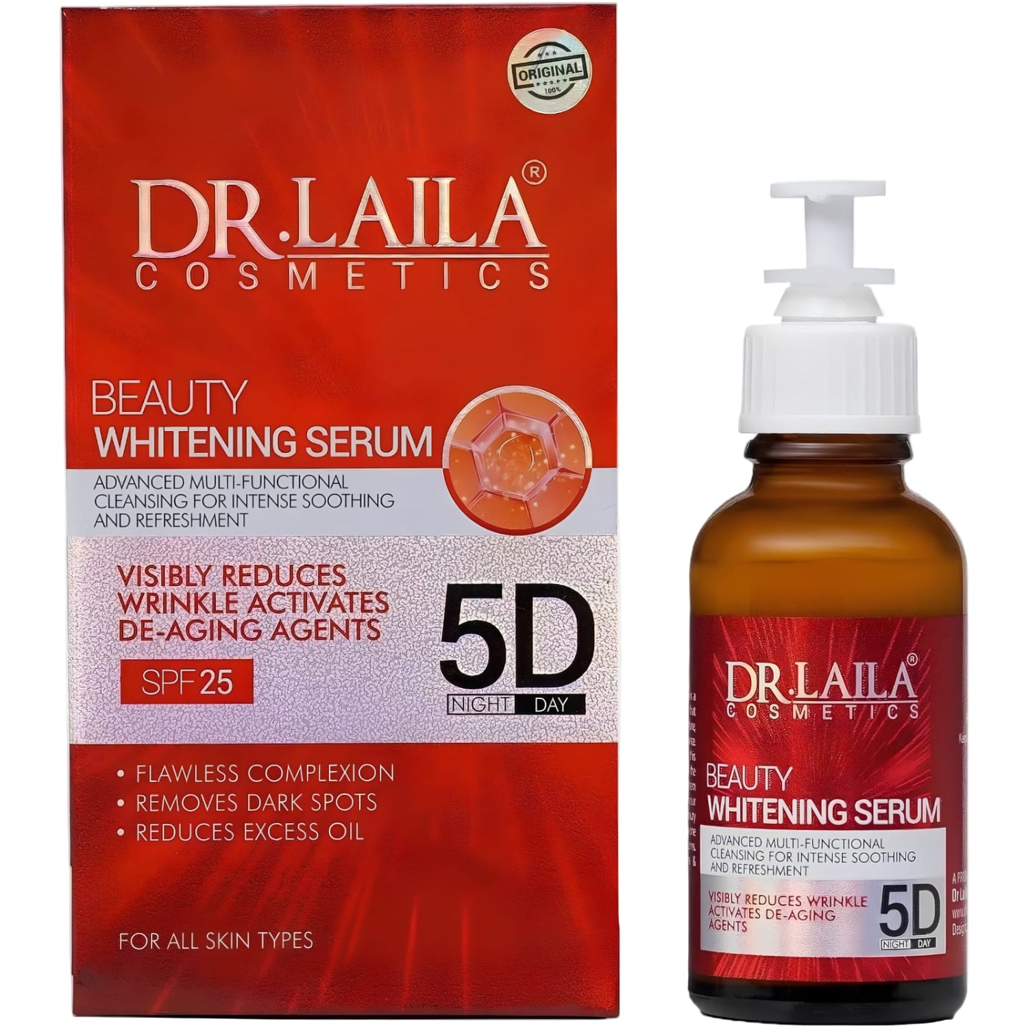 Dr. Laila Cosmetics Beauty Whitening Serum shown with its red and white retail box and the amber pump bottle with a matching label, on a plain white background.