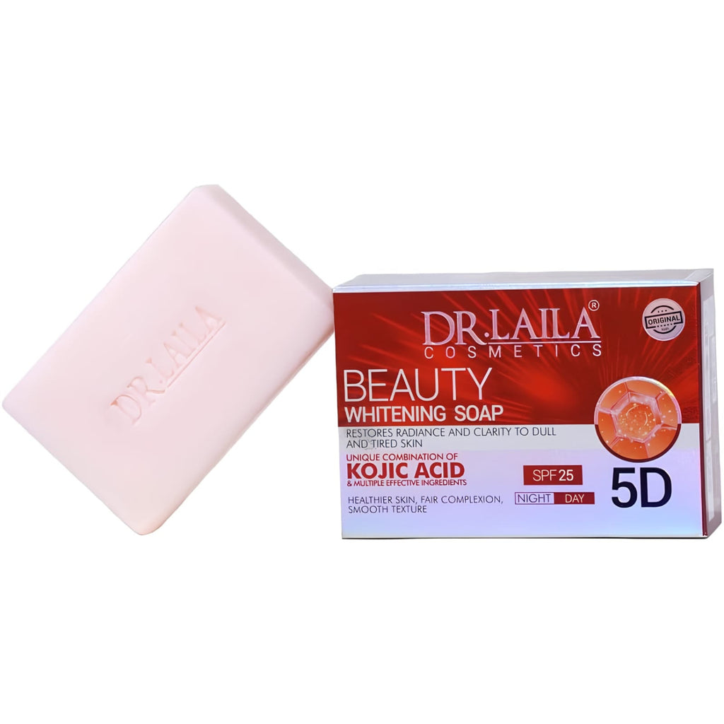A pale pink bar of DR. LAILA Beauty Whitening Soap shown next to its red and white retail packaging box on a plain white background.