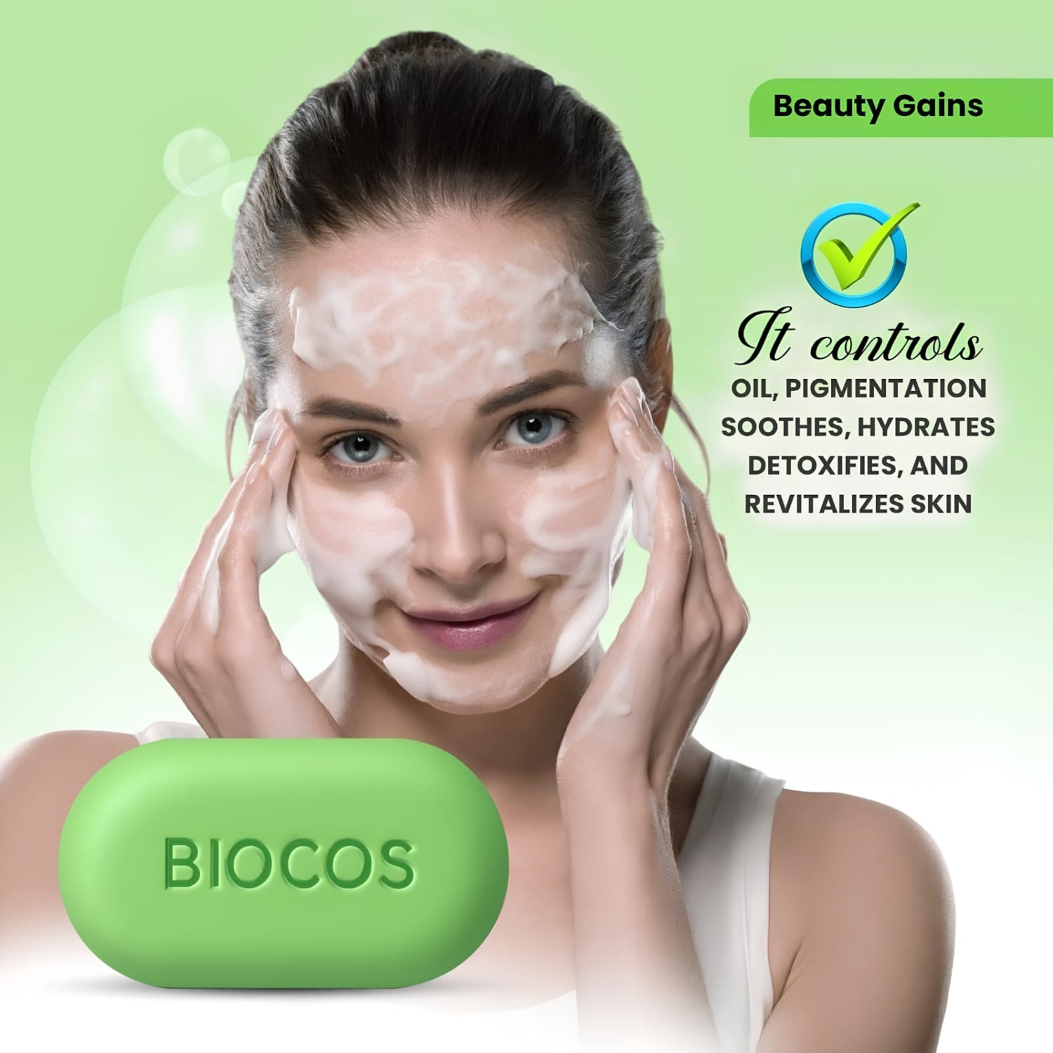 A woman with a foaming white face cleanser applies pressure to her cheeks, with a green bar of soap labeled 'BIOCOS' in the foreground and promotional text on a light green background.