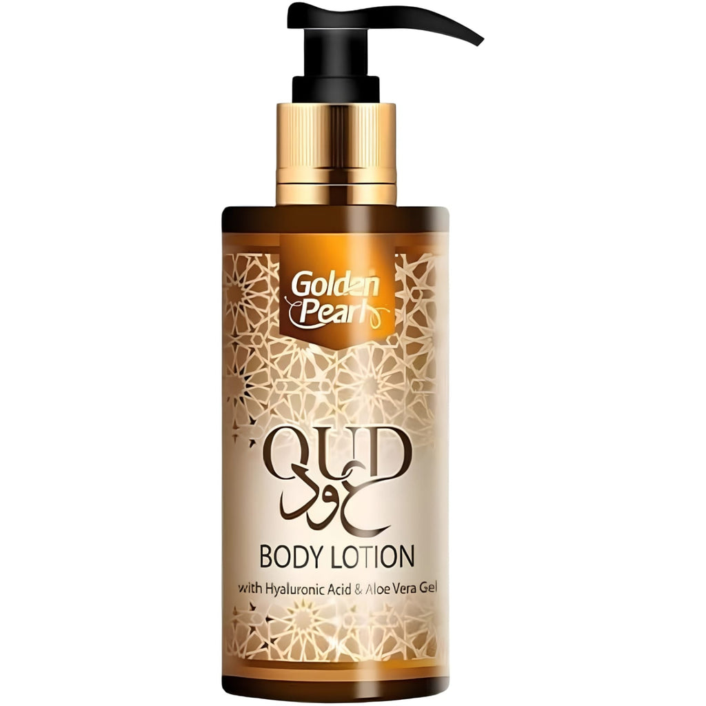 Golden Pearls Qud Body Lotion in a cylindrical pump bottle with a black pump, gold collar, and a beige label decorated with gold floral patterns.