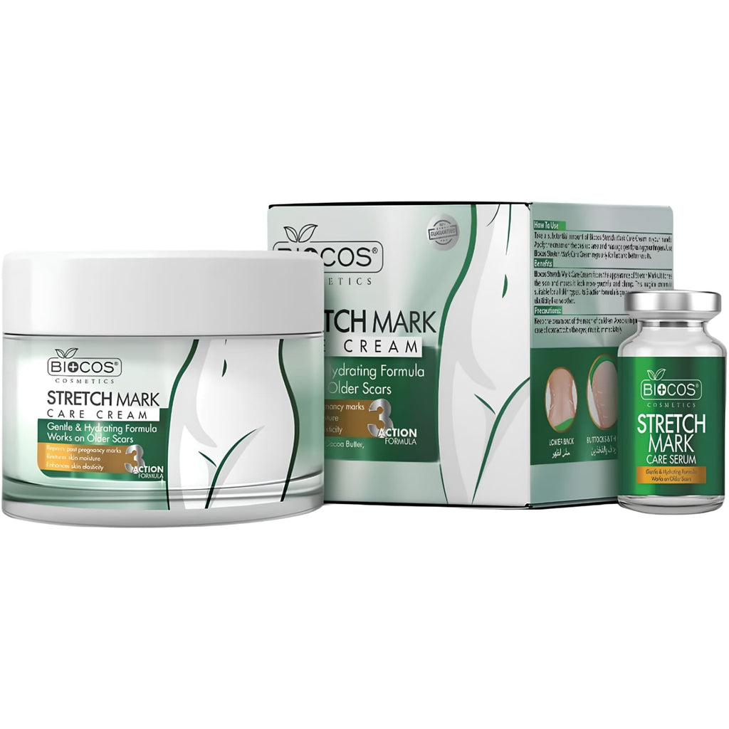 Biocos Esthetics Stretch Mark Care Cream set including a white jar with a white lid, a white and green product box, and a small glass vial with a silver cap, all on a plain white background.