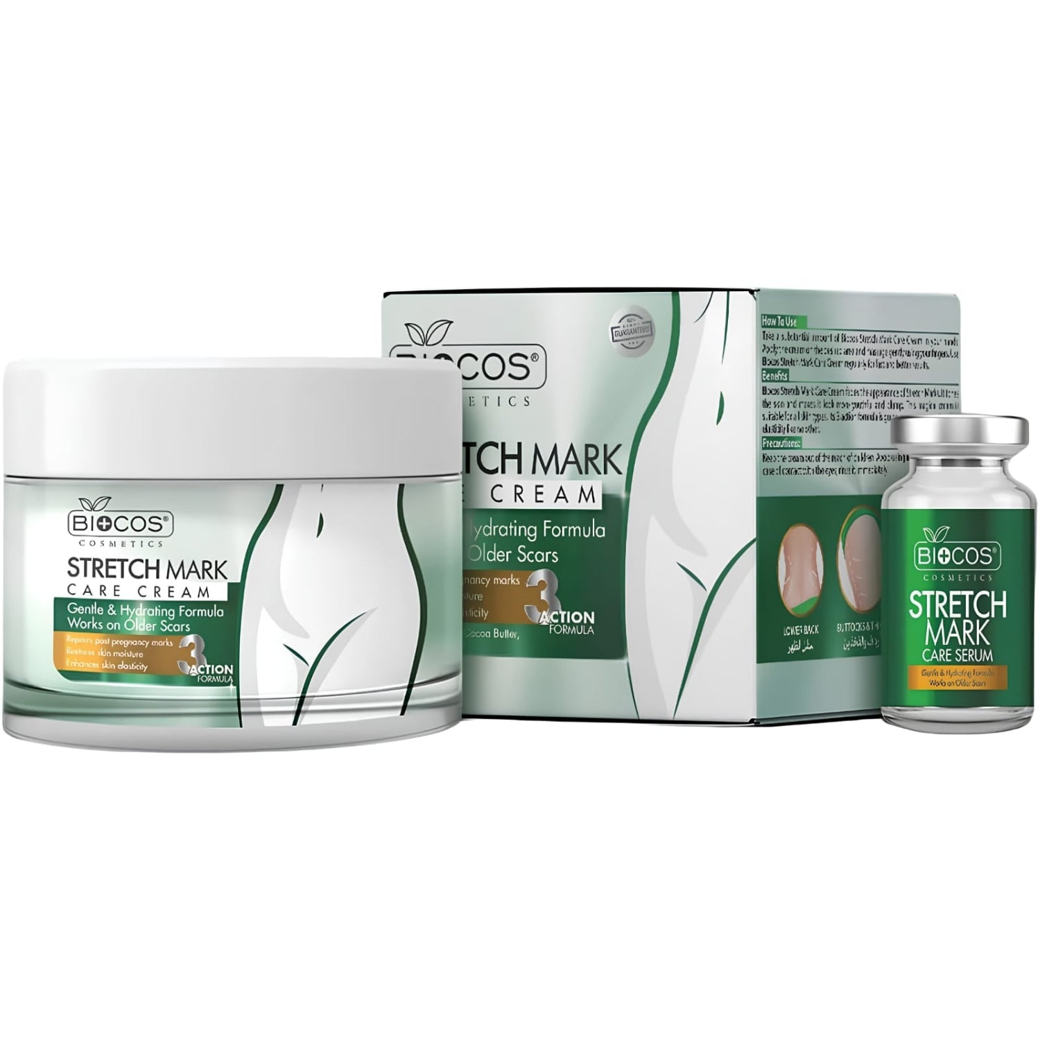 Biocos Esthetics Stretch Mark Care Cream set including a white jar with a white lid, a white and green product box, and a small glass vial with a silver cap, all on a plain white background.