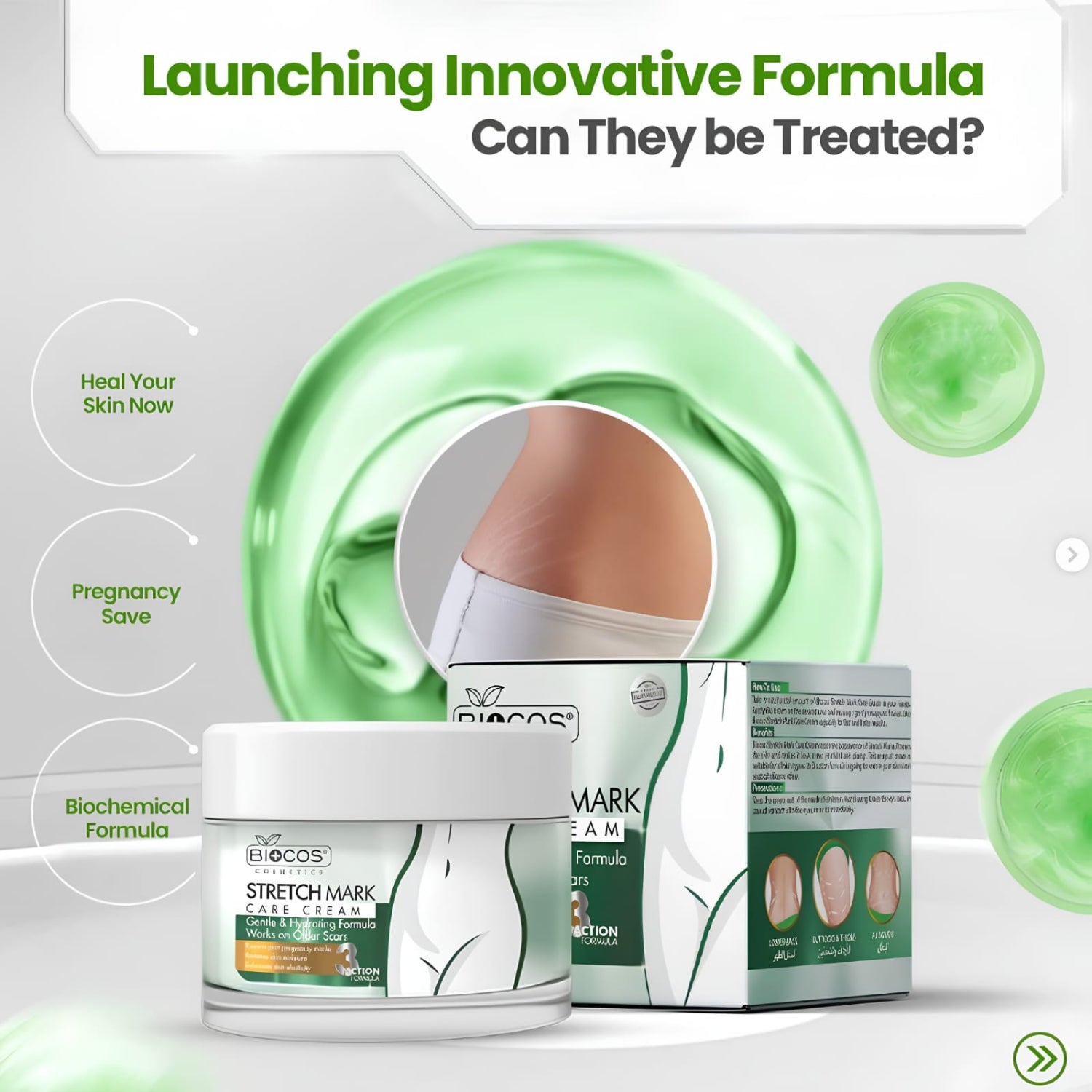 A promotional product graphic for a stretch mark formula. The image shows a white jar and matching box labeled 'BIOS COS STRETCH MARK Formula' in front of a large green abstract smear, with a circular inset showing skin near the hip.