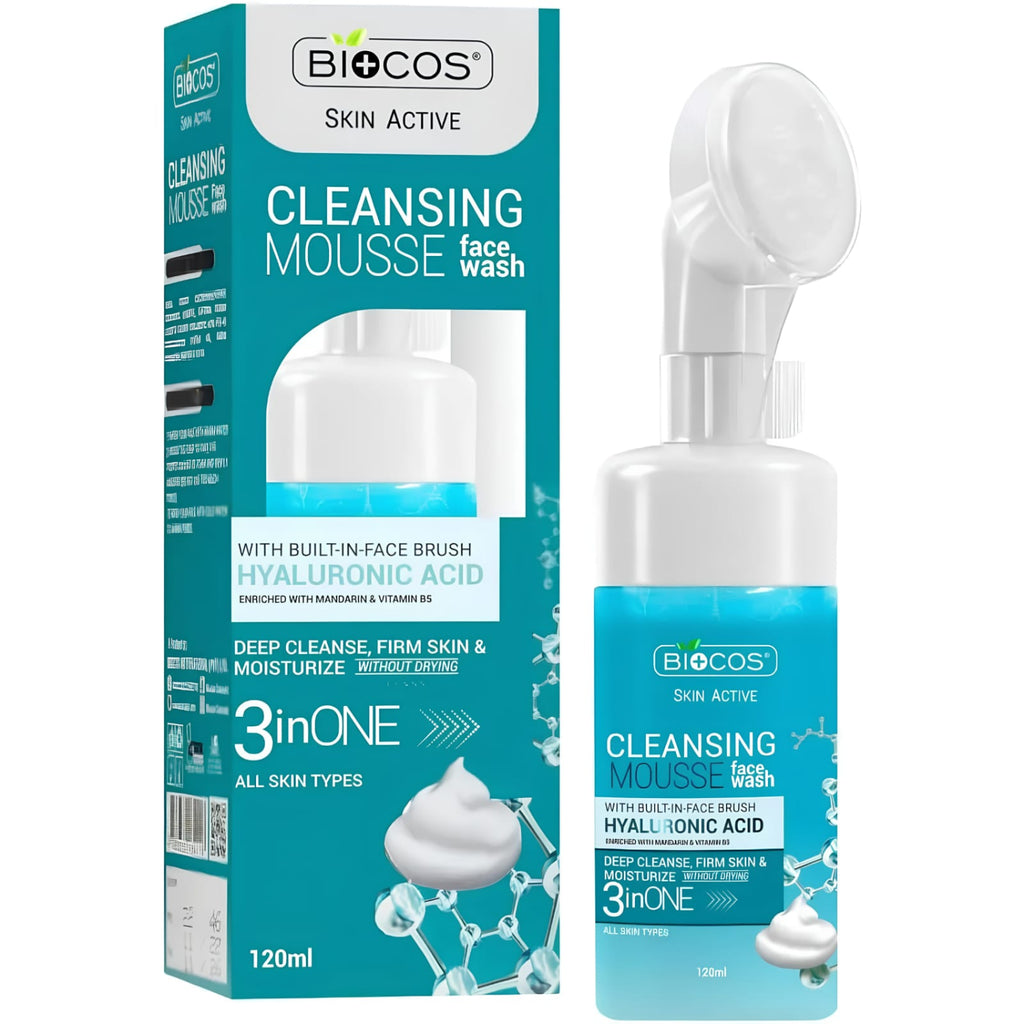 Biocos Cleansing Mousse Face Wash 120ml bottle with its retail box packaging, featuring a white and teal design with a built-in face brush.