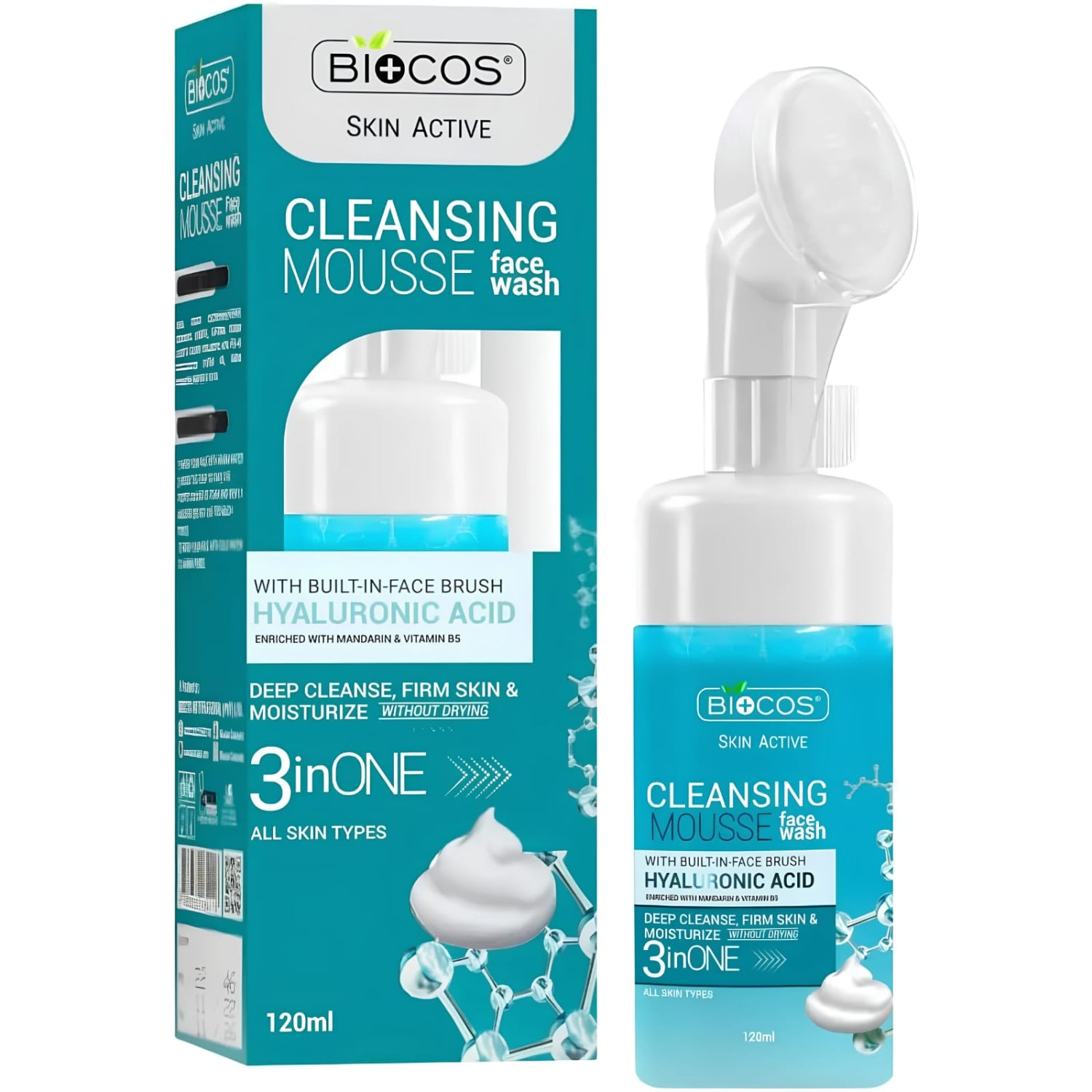 Biocos Cleansing Mousse Face Wash 120ml bottle with its retail box packaging, featuring a white and teal design with a built-in face brush.