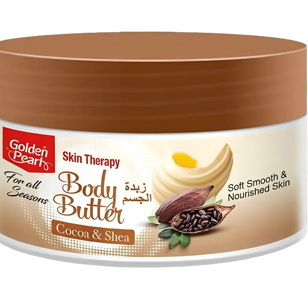 Golden Pearl Cocoa & Shea Body Butter in a white jar with a brown lid, featuring a label with cocoa and shea illustrations.