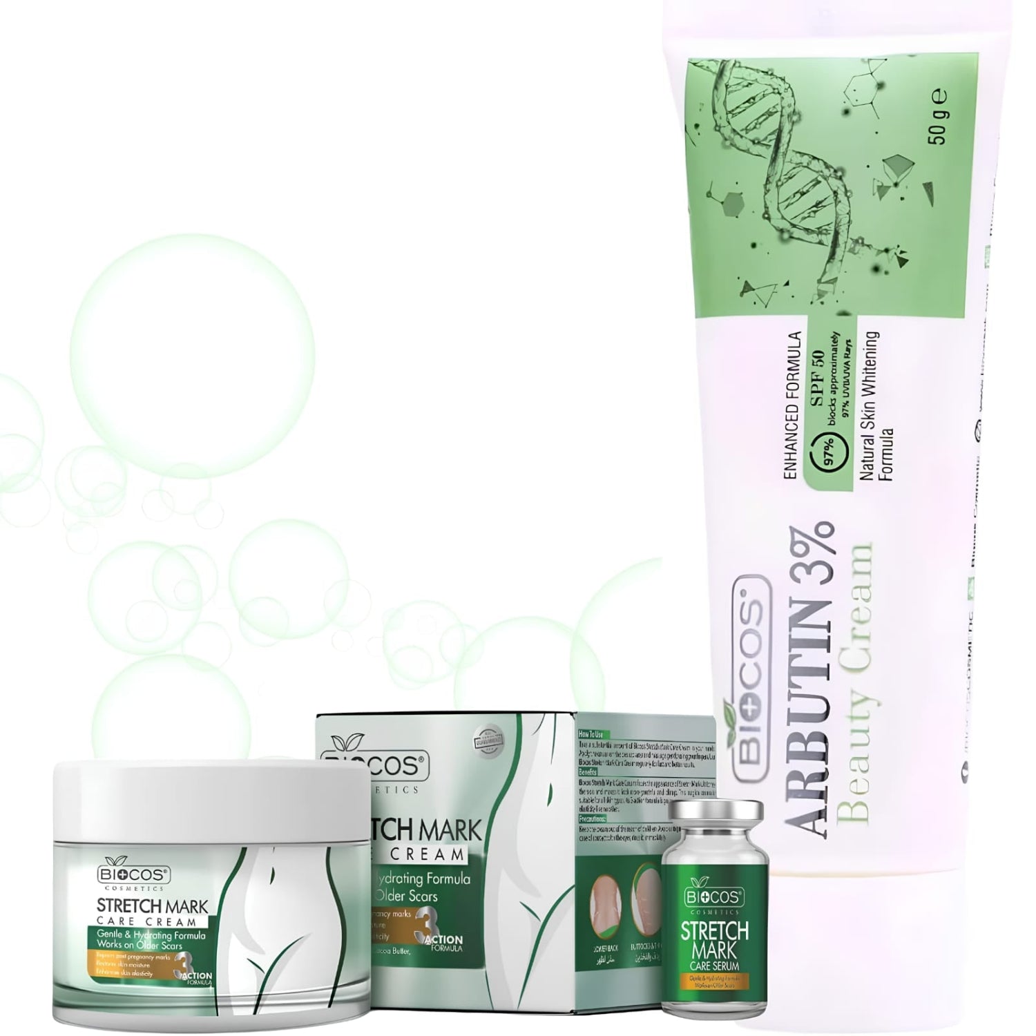 A skincare set from EriCos Beauty featuring a 50g tube of Arbutin 3% Beauty Cream, a jar of Stretch Mark Care Cream, a box of Stretch Mark Cream, and a small vial of Stretch Mask, all arranged on a white background with faint green bubble graphics.