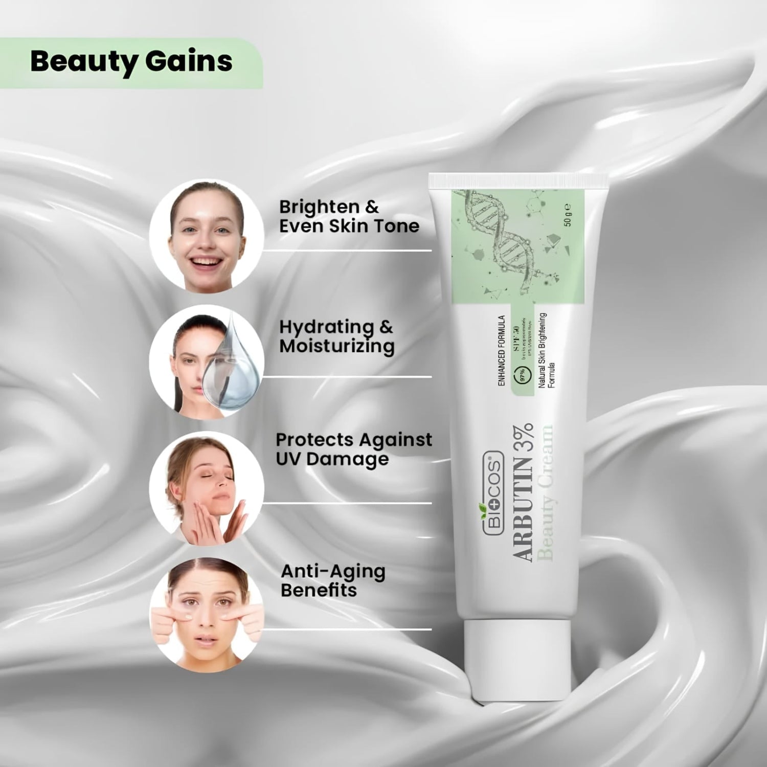A tube of BioCos Arбутin 3% Beauty Cream is shown on a stylized white and gray liquid background with four circular skin-result photos and text listing benefits: brighten and even skin tone, hydrating and moisturizing, protect against UV damage, and anti-aging benefits.