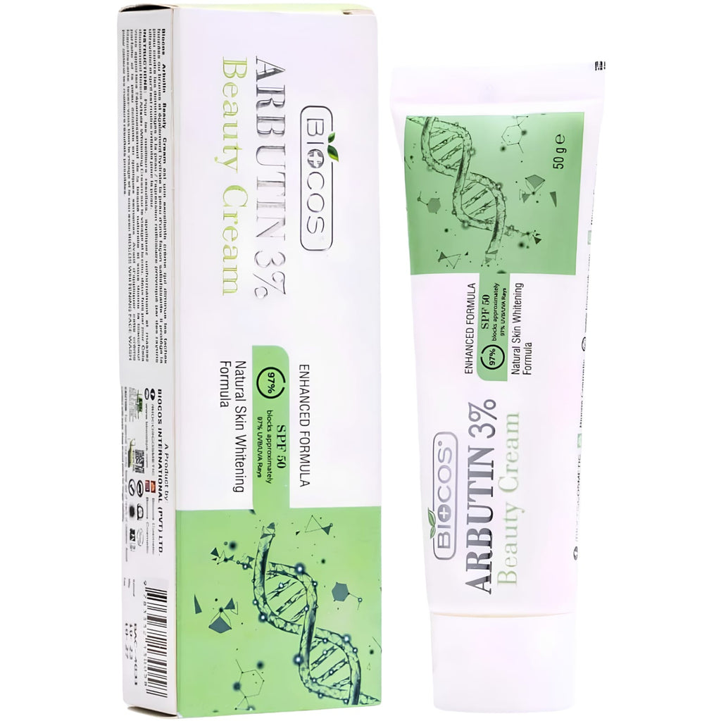 A 30g tube of Bioncos Arbutin 3% Beauty Cream next to its matching product box, featuring a white and light green color scheme with DNA helix graphics.