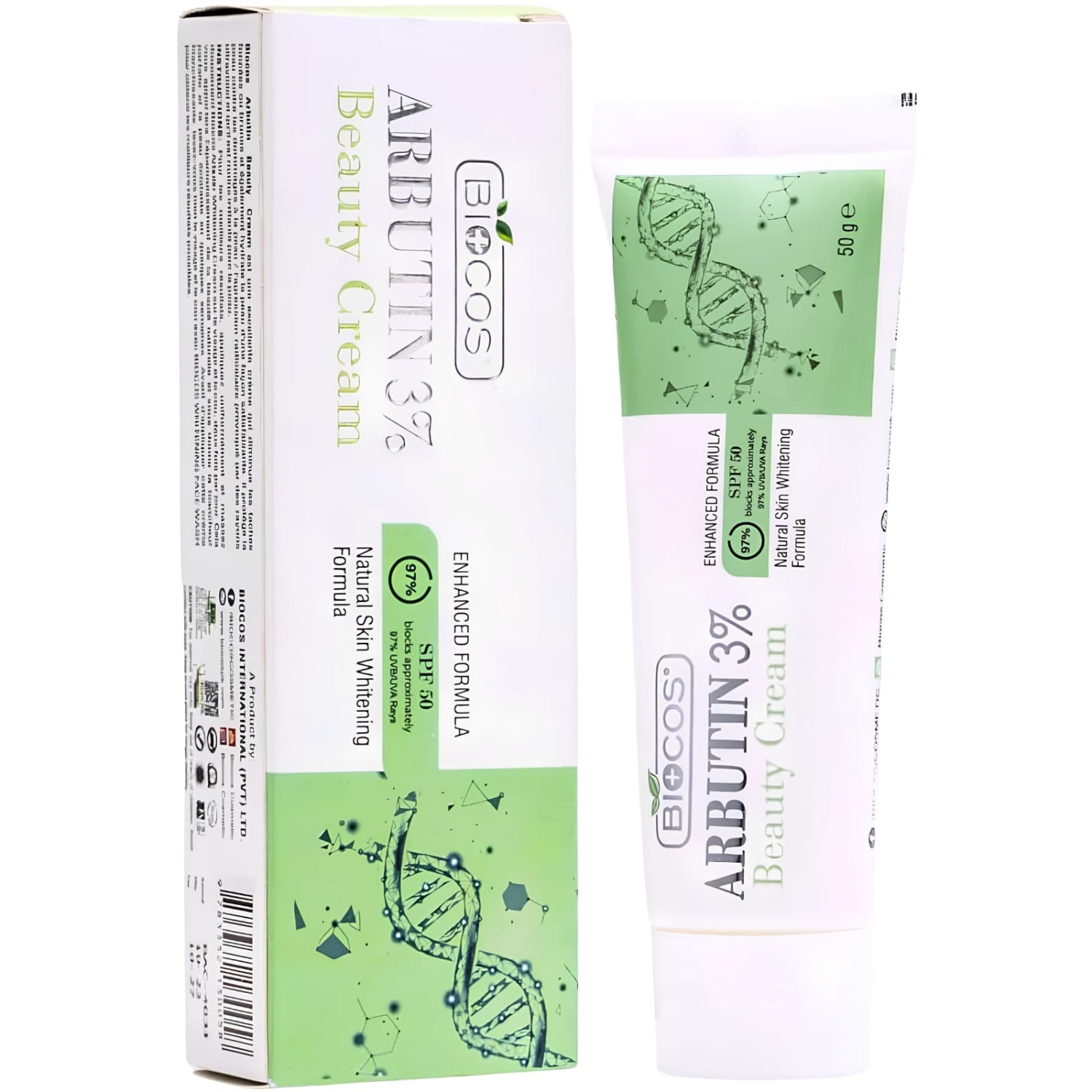 A 30g tube of Bioncos Arbutin 3% Beauty Cream next to its matching product box, featuring a white and light green color scheme with DNA helix graphics.