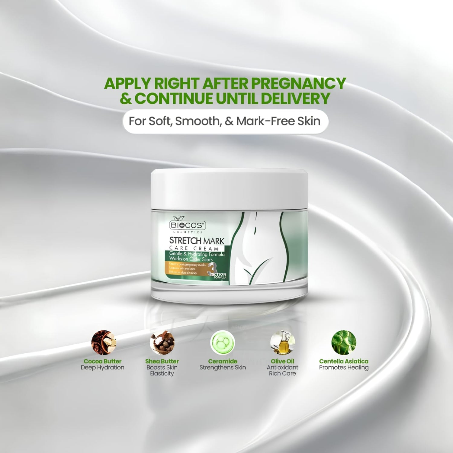 A jar of Elicado Stretch Mark Care Cream is centered on a glossy, abstract white and light gray background with curved lines. Green and white text at the top reads 'APPLY RIGHT AFTER PREGNANCY & CONTINUE UNTIL DELIVERY' and 'For Soft, Smooth, & Mark-Free Skin.