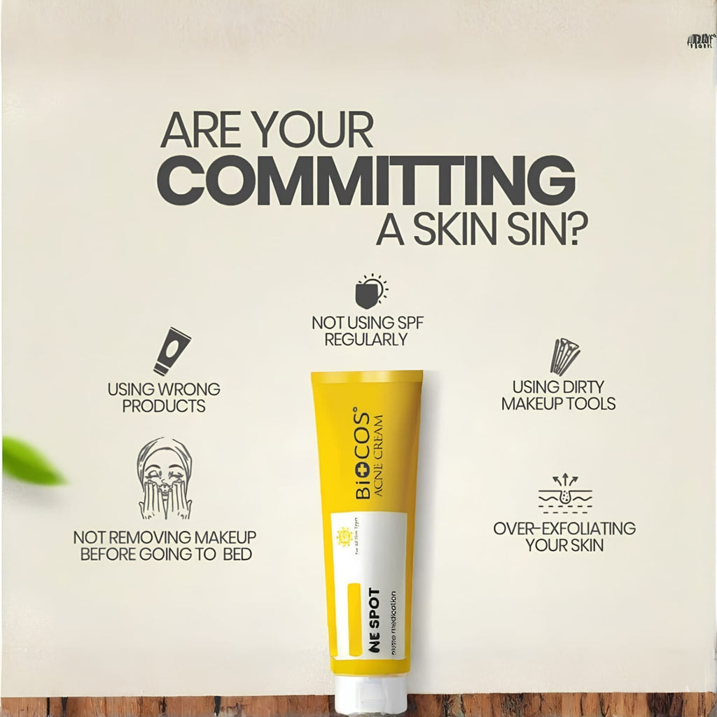 A yellow and white tube of BioCos NEspot Skin Cleanser is centered against a light beige background with black text and icons promoting skincare habits. The BioCos brand name is clearly visible on the tube.