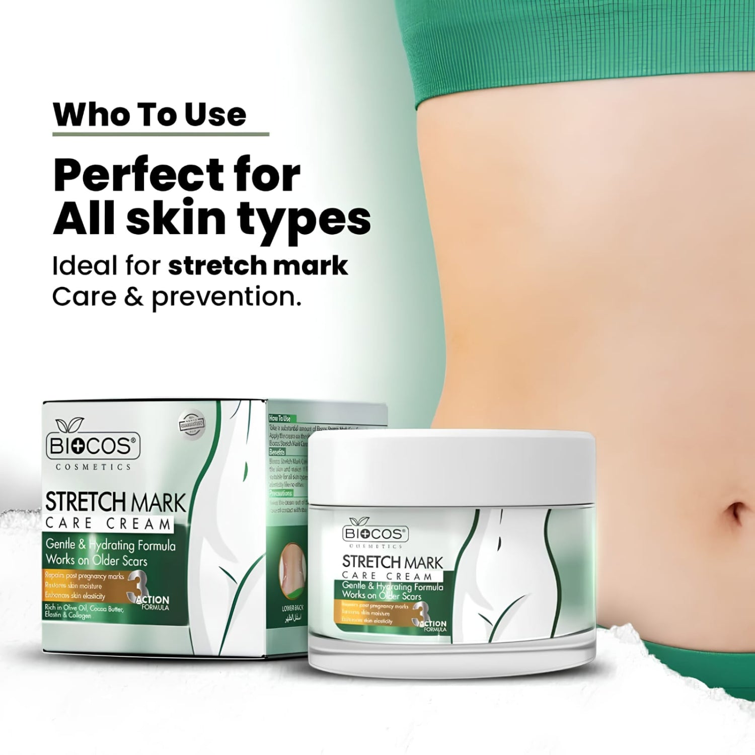 BIOCOS Stretch Mark Care Cream jar and box displayed next to a cropped torso wearing a green bikini bottom, with promotional text on a white background.
