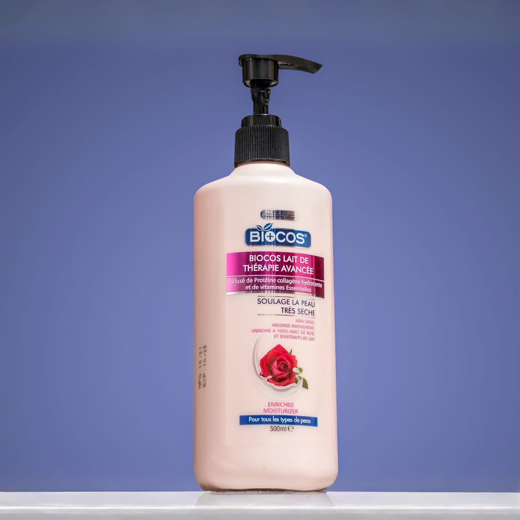 A bottle of Bélocos La Rose body wash with a black pump dispenser, set against a solid blue gradient background.