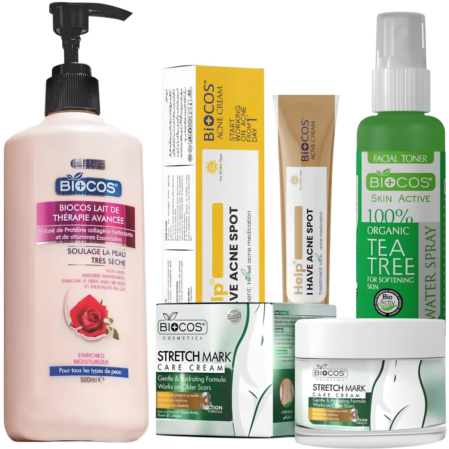 A collection of Biocos Cosmetics skincare products arranged together on a plain white background, including a pump bottle, boxes, tubes, and a spray bottle.