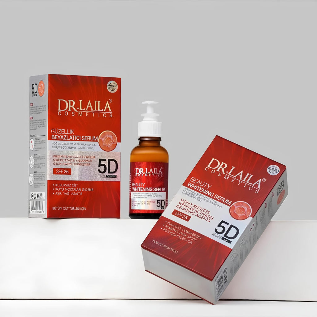 Dr. Laila Cosmetics Beauty Whitening Serum 5D, shown with its amber glass bottle and two red-and-white retail boxes on a clean light gray studio background.